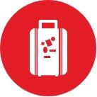 An icon of a suitcase on a red circle.