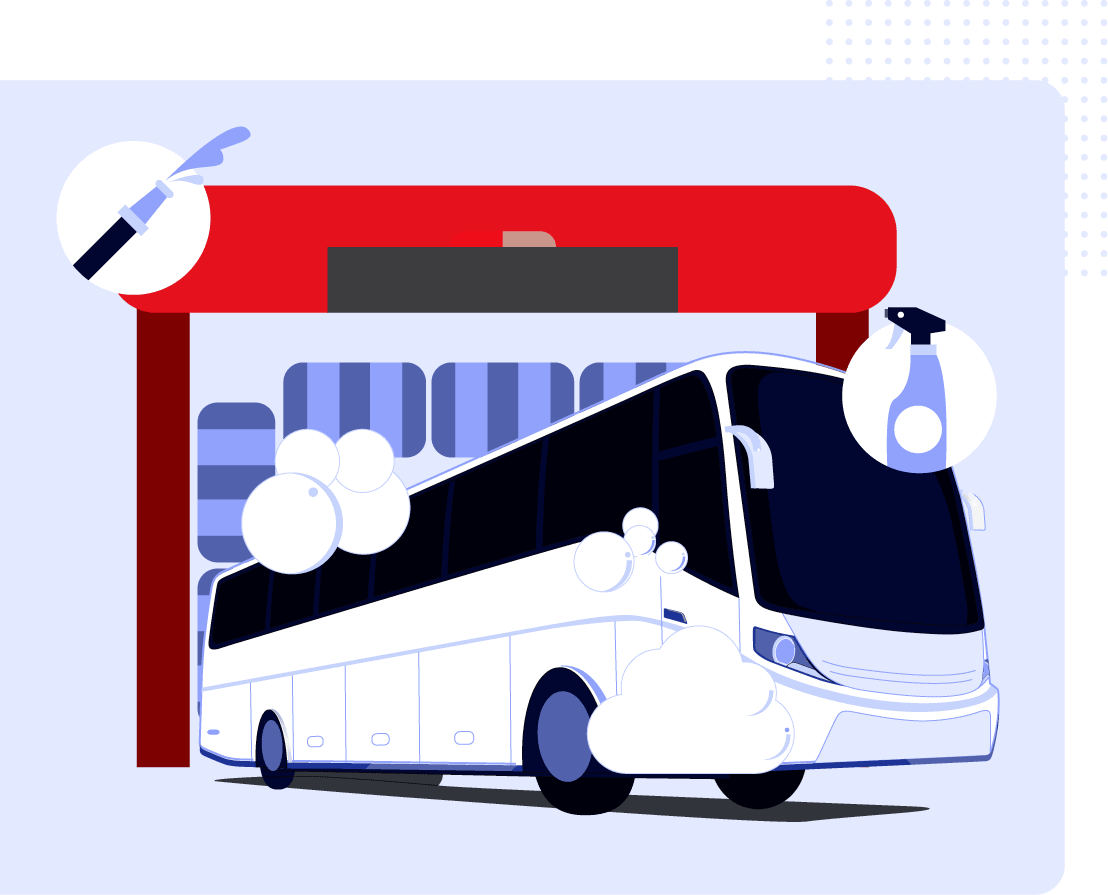 An illustration of a bus being cleaned.