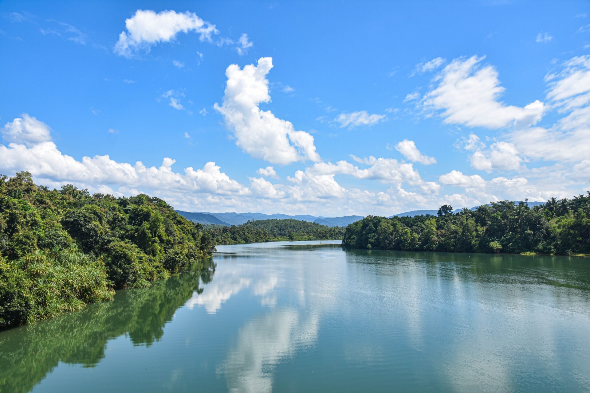 A river surrounded by trees and a blue sky.