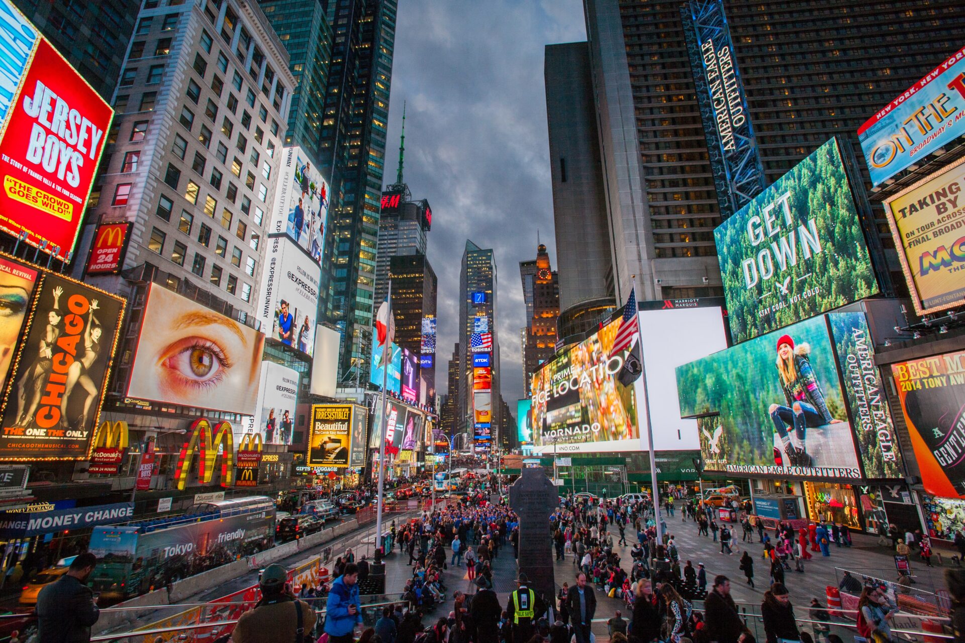 Times square in new york city at dusk.
