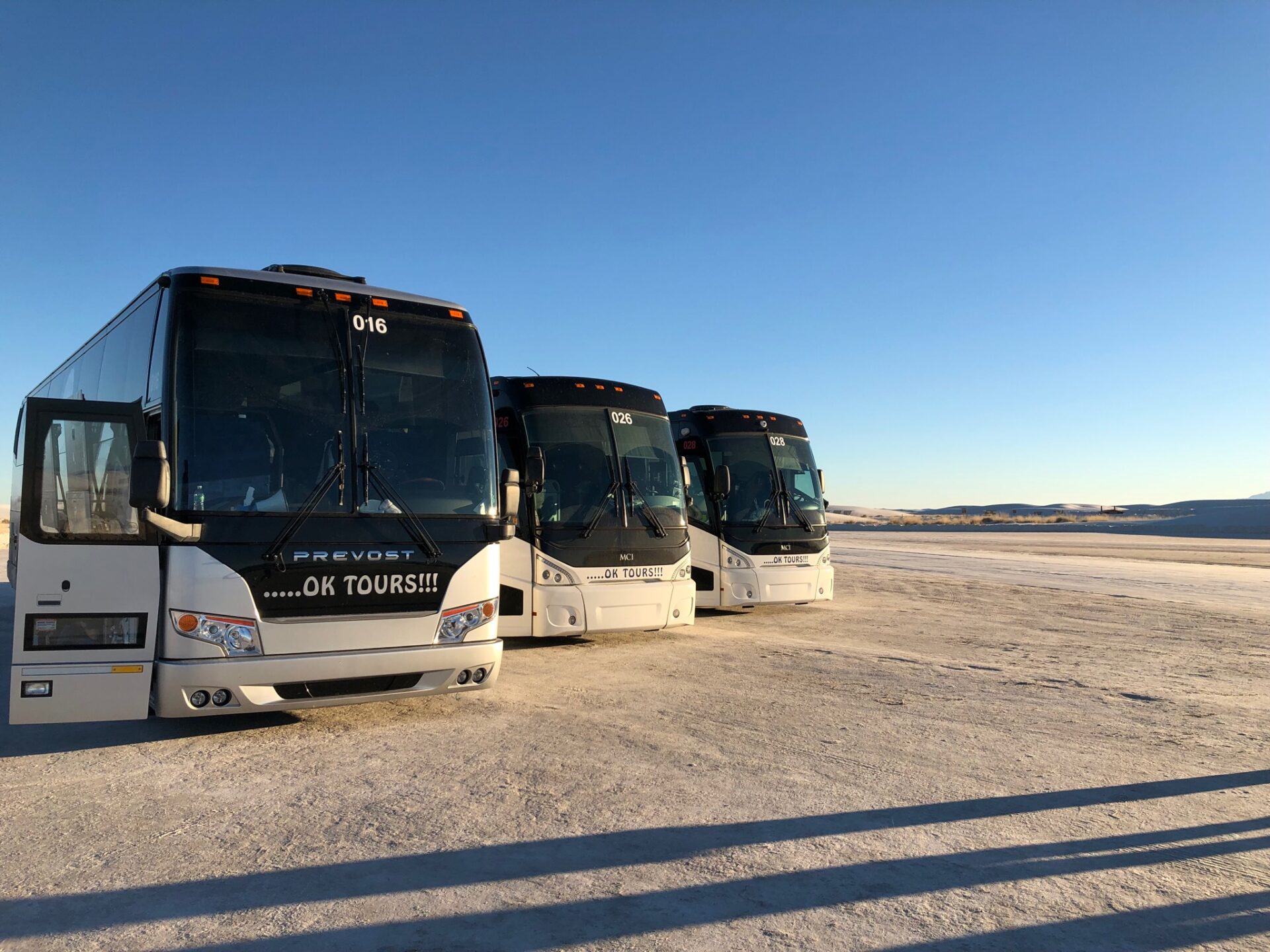 A group of buses parked in the desert.